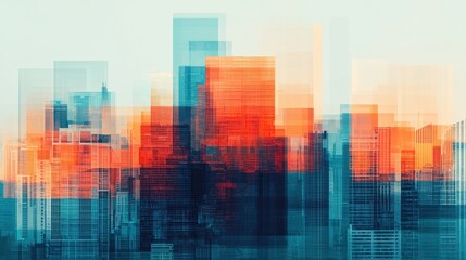 Poster - Abstract urban skyline with vivid colors and layered geometric shapes representing city life and modern architecture