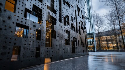 Fototapete - Modern building exterior with perforated dark gray facade, featuring illuminated windows and reflecting urban landscape at dusk. : Generative AI