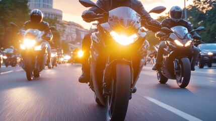 Poster - A group of motorcyclists ride their powerful sportbikes at sunset, creating a dynamic scene of speed and adventure on a city road. : Generative AI