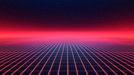 Poster - Vibrant Retro Futuristic Landscape with Grid and Starry Background in Neon Colors