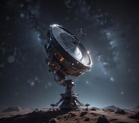 Wall Mural - futuristic satellite with large antenna against backdrop of glittering stars , signal, galaxy, futur