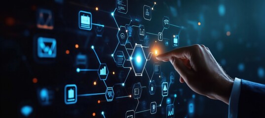 Fototapete - A businessman's hand interacts with a futuristic digital interface showcasing interconnected network nodes, data, and analytics for business intelligence. : Generative AI