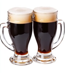 Poster - Two glasses of dark beer with thick head, served in clear glass mugs with handles, isolated on white background. Refreshing, cold, and delicious beverage. : Generative AI
