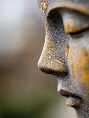 Poster - Close-up profile view of a serene stone buddha statue, adorned with subtle gold accents, exuding peace and tranquility. The textured surface and soft lighting enhance its spiritual aur : Generative AI