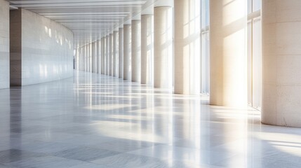 Poster - Sunlit Modern Hallway with Marble Floor and Columns, Bright Interior Architecture Design : Generative AI