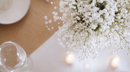 Poster - Overhead view of a delicate gypsophila bouquet centerpiece on a table with candles and empty glassware, creating a serene and elegant wedding or romantic dinner setting. : Generative AI