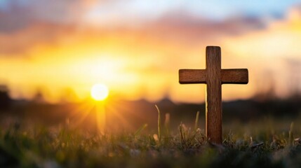 Poster - Wooden cross standing in grass at sunset, peaceful and serene scene, conveying hope and faith, golden hour light, nature background. : Generative AI
