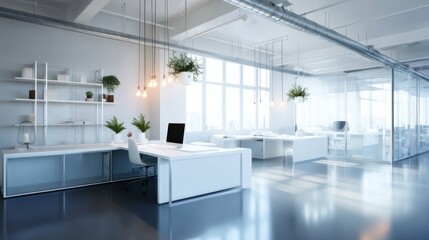 Poster - Modern minimalist office interior with white desks, glass partitions, and hanging pendant lights, showcasing a bright and airy workspace. : Generative AI