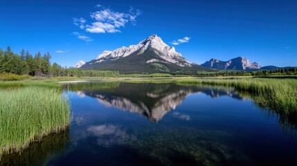 Poster - Majestic mountain reflected in a tranquil lake, surrounded by lush green vegetation under a vibrant blue sky.  A picturesque scene of natural beauty. : Generative AI