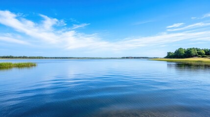 Poster - Serene coastal landscape featuring a tranquil blue lake under a vibrant summer sky with wispy clouds, showcasing lush green vegetation along the shoreline. : Generative AI