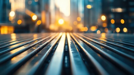 Aufkleber - parallel metal lines reflecting city lights at sunset, creating a modern urban texture with a warm, 