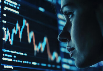 Leinwandbilder - Woman intently studies a computer screen displaying a dynamic stock market graph, showcasing fluctuating blue and orange lines representing financial data. : Generative AI