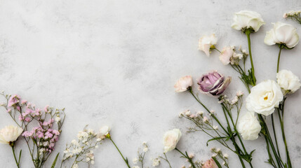 Aufkleber - Elegant floral arrangement featuring lisianthus, gypsophila, and other delicate blooms on a light gray textured background, perfect for wedding invitations or feminine designs. : Generative AI