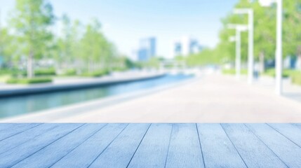 Aufkleber - Empty light blue wooden table top over blurred city park canal and modern buildings background, ideal for product placement or montage. : Generative AI