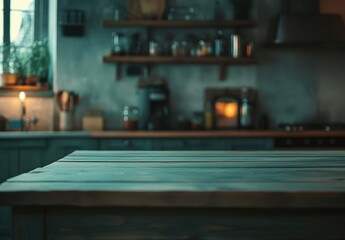 Poster - Rustic kitchen countertop with teal wood texture, blurred background showing shelves, appliances, and warm lighting, perfect for food photography or product placement. : Generative AI