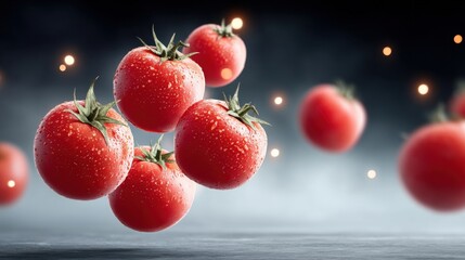 Aufkleber - Five juicy red tomatoes levitate against a dark, moody background, illuminated by soft, warm lights; a vibrant, fresh food image perfect for culinary or healthy eating concepts. : Generative AI
