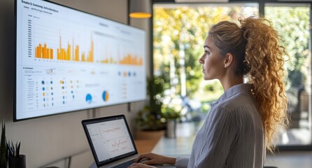 Leinwandbilder - Young businesswoman reviewing financial data on a large screen and laptop, analyzing charts and graphs in a modern office setting. : Generative AI