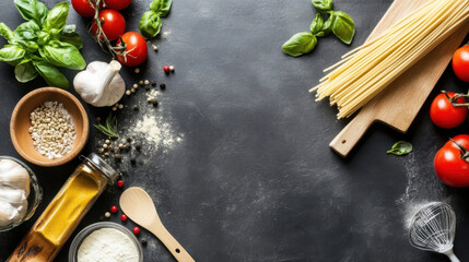 Poster - A dark culinary scene featuring spaghetti, tomatoes, garlic, basil, and various spices, arranged on a dark gray textured surface, offering a delicious visual of Italian cooking ingredi : Generative AI