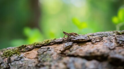 Poster - A tiny speckled grasshopper cautiously walks along a mossy tree trunk in a vibrant green forest, its delicate legs gripping the textured bark. : Generative AI