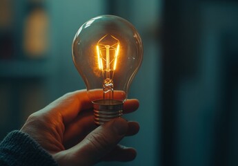 Poster - A hand gently holds a glowing vintage light bulb, its warm, amber light illuminating the scene, creating a feeling of inspiration and discovery. : Generative AI