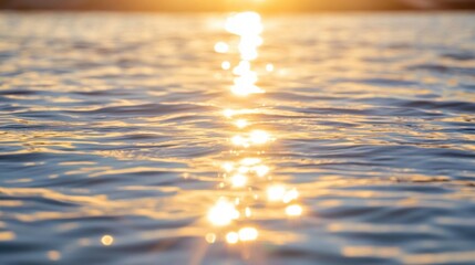 Poster - Golden sunset light reflecting on calm water surface, creating shimmering, sparkling bokeh effect.  Peaceful, tranquil scene of nature's beauty at dusk. : Generative AI
