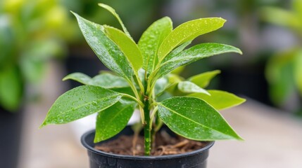 Aufkleber - A vibrant young plant with dew-kissed leaves thrives in a dark pot, showcasing its lush, healthy growth and vibrant green foliage. : Generative AI