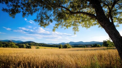 Poster - Golden wheat field under a summer sky, framed by a large tree, with rolling hills in the distance.  A peaceful rural landscape bathed in sunlight. : Generative AI