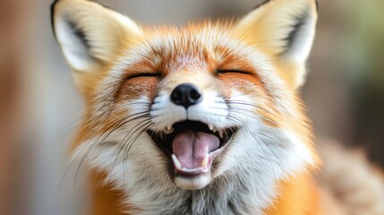 Fototapete - Close-up portrait of a red fox with its mouth open in a joyful expression, showing its teeth and pink tongue. The fur is vibrant orange and white. : Generative AI
