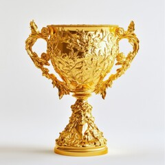 Poster - Ornate golden trophy cup with intricate floral carvings, elegant handles, and a detailed pedestal base, isolated on a white background. : Generative AI