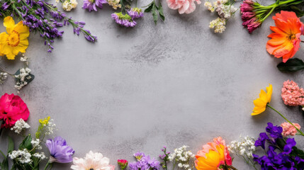 Poster - Vibrant floral frame on grey textured background, perfect for spring or summer designs.  Colorful blooms create a border, leaving ample space for text or images. : Generative AI