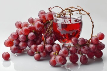 Poster - A glass of red grape juice sits beside a bunch of ripe, red grapes glistening with water droplets, a refreshing summer beverage. : Generative AI