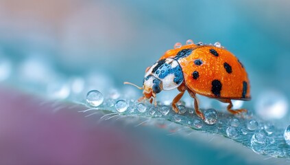 Poster - A vibrant ladybug, covered in morning dew, delicately walks across a vibrant green leaf, showcasing intricate details and a stunning bokeh background. : Generative AI