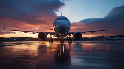 Poster - Passenger airplane on runway at sunset, reflecting in wet tarmac. Dramatic sky with orange and purple hues. : Generative AI