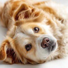 Poster - Adorable golden and white dog lying on its side, looking directly at the camera with big, expressive eyes.  Its soft fur is highlighted against a bright white background, creating a ch : Generative AI