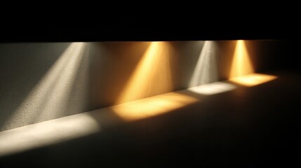 Poster - Three beams of light illuminate a textured wall and surface, creating dramatic shadows and highlighting the contrast between light and dark. : Generative AI