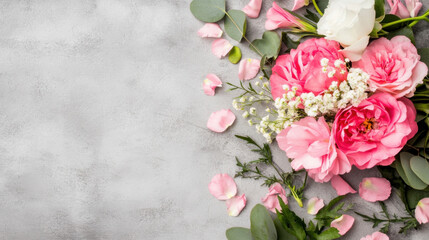 Aufkleber - Pink roses, white flowers, and eucalyptus leaves arranged on a gray textured background, creating a delicate floral composition perfect for wedding invitations or romantic designs. : Generative AI