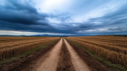 Poster - A dirt road cuts through a vast golden wheat field under a dramatic, dark sky, leading towards distant hills. : Generative AI