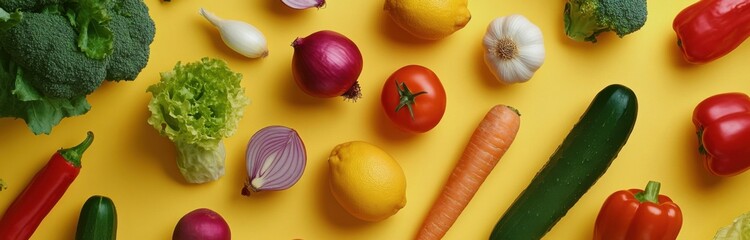 Poster - Vibrant flat lay showcasing fresh vegetables and citrus fruits arranged on a sunny yellow background.  A healthy and colorful food photography image perfect for recipe blogs or culinar : Generative AI