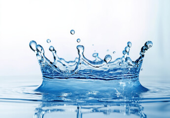 Fototapete - A stunning crown-shaped water splash, captured in vibrant blue hues against a soft white backdrop.  The image showcases the dynamic energy and translucent beauty of water droplets in m : Generative AI