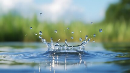 Poster - A single droplet of water creates a stunning crown-shaped splash upon impact with a calm, blue surface, surrounded by a vibrant green and blue blurred background. : Generative AI