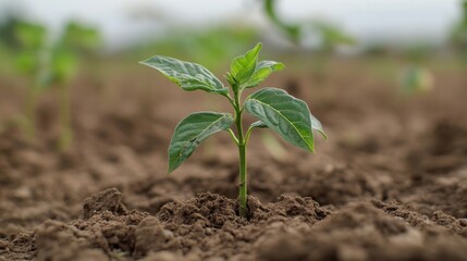 Aufkleber - A single vibrant green pepper seedling emerges from rich, dark brown soil, showcasing early growth and agricultural potential. : Generative AI
