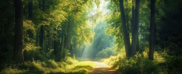 Poster - Sunbeams illuminate a tranquil path winding through a lush, green forest, creating a serene and magical atmosphere. : Generative AI