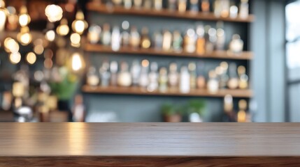 Aufkleber - Empty wooden table top in front of a blurred bar background with shelves of liquor bottles and warm lighting, ideal for product placement or menu design. : Generative AI