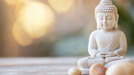 Poster - Serene Buddha statue meditating, peaceful pose, soft light background, smooth stone texture, spiritual, mindfulness, zen, beige, ivory, tranquility. : Generative AI