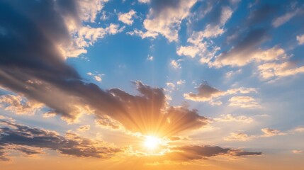 Aufkleber - Dramatic sunset with sun rays bursting through vibrant orange and blue cloudscape, creating a breathtaking celestial scene. : Generative AI