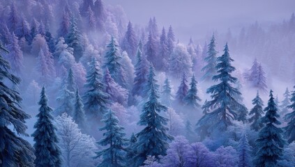 Poster - A serene winter landscape showcasing a dense forest of snow-covered evergreen trees, bathed in a soft, purple-hued morning light, with a mystical fog gently enveloping the scene. : Generative AI