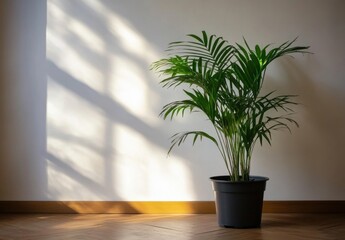 Poster - A vibrant parlor palm plant in a dark gray pot stands near a wall, bathed in sunlight streaming through a window, casting shadows on the off-white wall. : Generative AI
