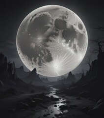 Wall Mural - giant full moon dominates inky black sky; unsettling shadows stretch across landscape , mystery, mou