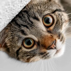 Poster - Curious tabby cat peeking from under a white fabric, its amber eyes wide and alert, showcasing its striped fur and delicate whiskers. : Generative AI