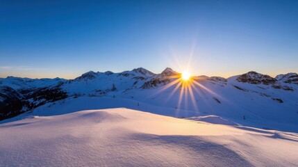 Aufkleber - Majestic sunset over snow-capped alpine mountains, illuminating a pristine winter landscape with golden rays and long shadows. : Generative AI